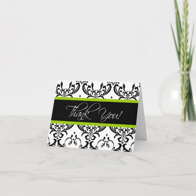 Black and White Damask Thank You Cards Green (Front)