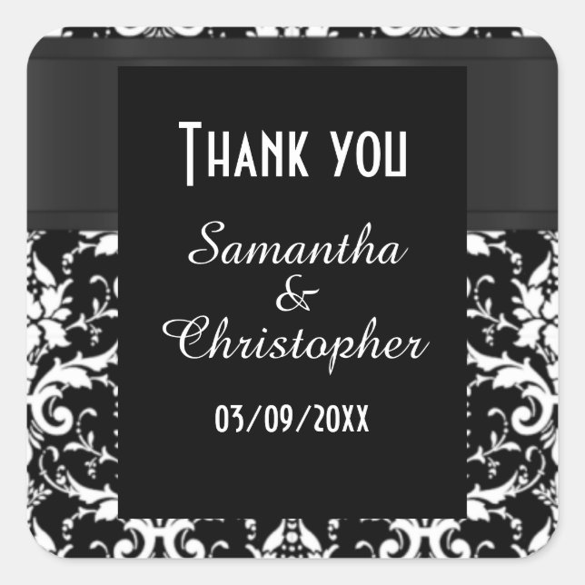 Black and white damask thank you square sticker (Front)