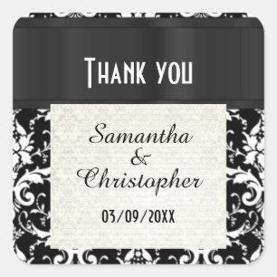 Black and white damask thank you square sticker