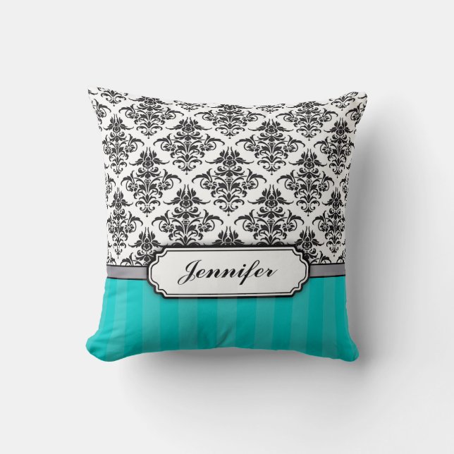 Black and White Damask throw pillow - turquoise (Front)