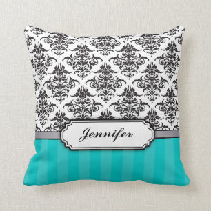 Black and White Damask throw pillow - turquoise