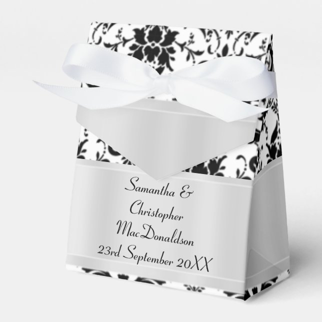Black and white damask wedding favor box (Front Side)