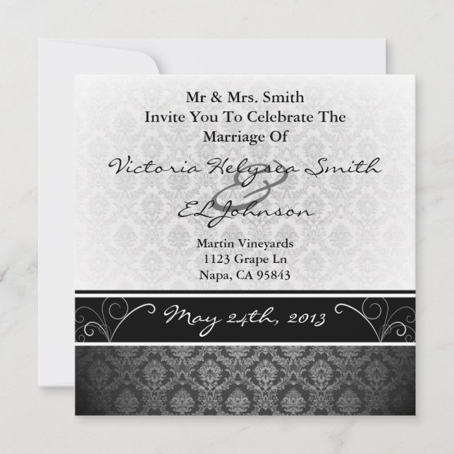 Black and White Damask Wedding Invite (Front)