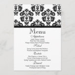 Black and White Damask Wedding Menu Card<br><div class="desc">Customize this pretty black and white damask wedding menu card with a black ribbon design with what you will be serving on your special day. Design © Chrissy H. Studios,  LLC. All Rights Reserved.</div>