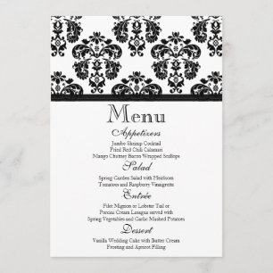 Black and White Damask Wedding Menu Card