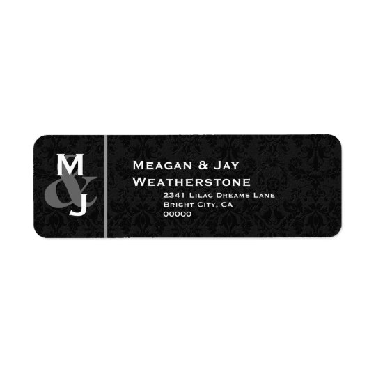 Black and White Damask Wedding Monogram Ver 007 Return Address Label