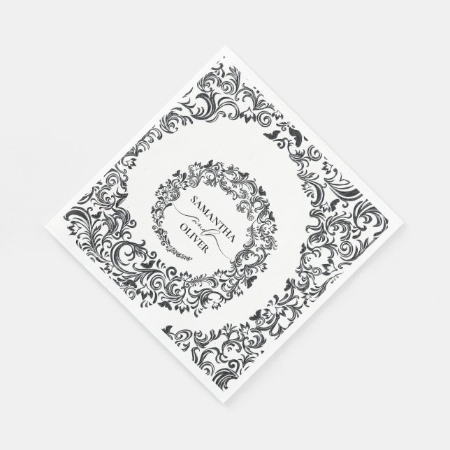 Black and White Damask Wedding Napkin (Corner)