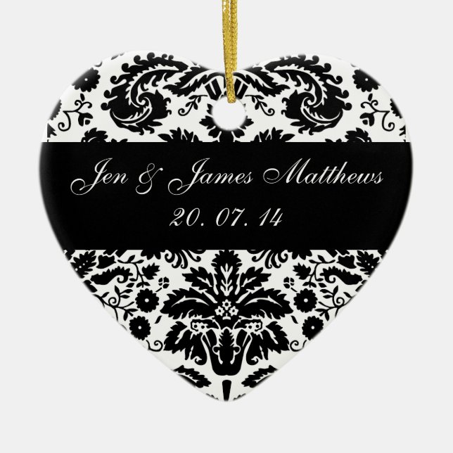 Black and White Damask Wedding Ornament (Front)