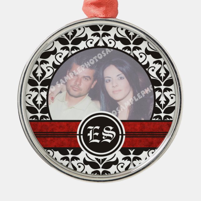 Black and white damask wedding photo ornament (Front)