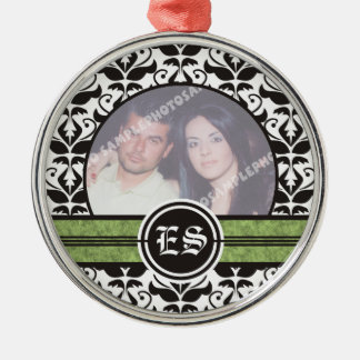 Black and white damask wedding photo ornament