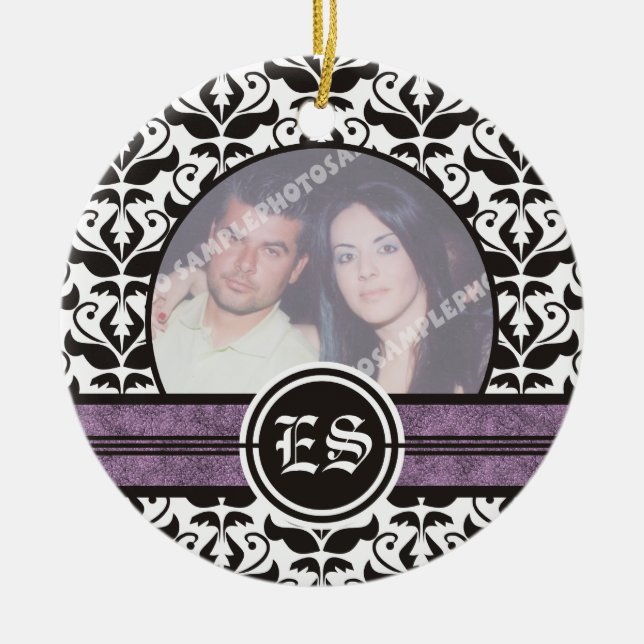 Black and white damask wedding photo ornament (Front)