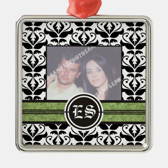 Black and white damask wedding photo ornament (Front)
