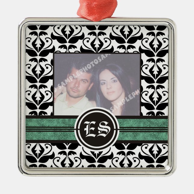 Black and white damask wedding photo ornament (Front)