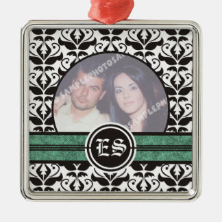 Black and white damask wedding photo ornament
