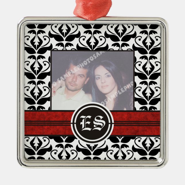 Black and white damask wedding photo ornament (Front)