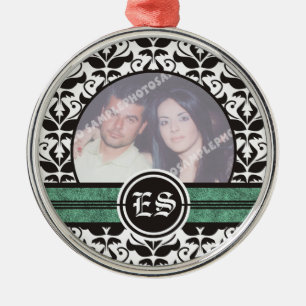 Black and white damask wedding photo ornament