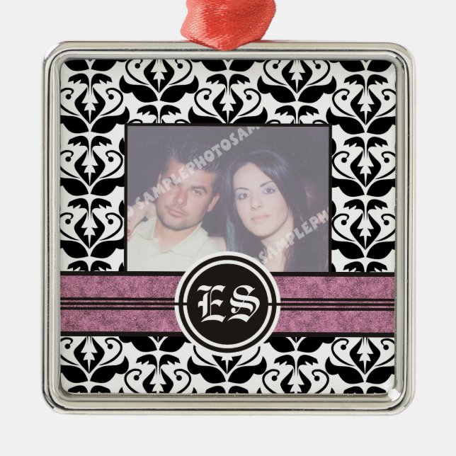 Black and white damask wedding photo ornament (Front)