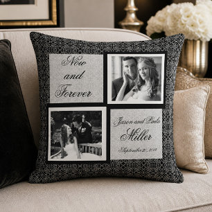 Black and White Damask Wedding Photo Throw Pillow