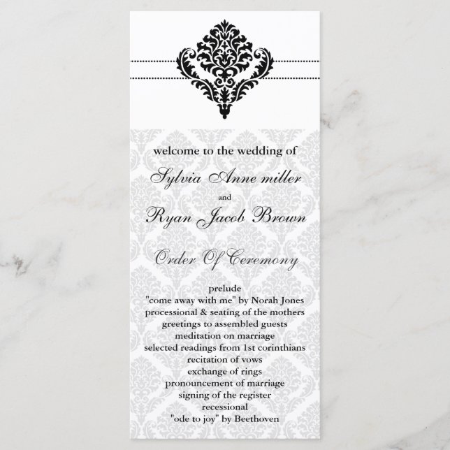 black and white damask Wedding program (Front)