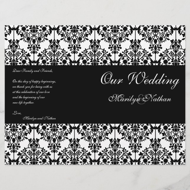 Black and White Damask Wedding Program (Front)