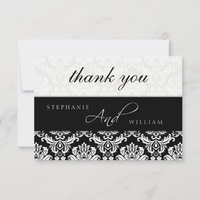 Black and White Damask Wedding Thank You Card (Front)