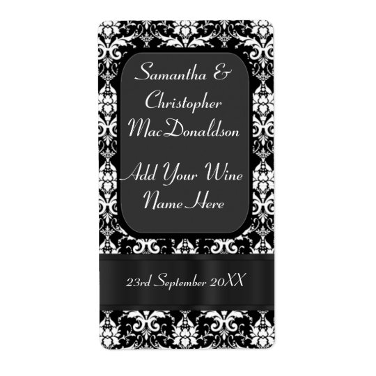 Black and white damask wedding wine bottle shipping label