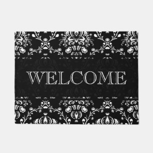 Black and White Damask Welcome Doormat