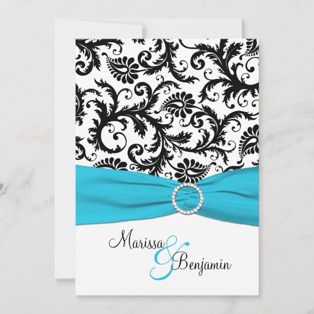 Black and White Damask with Blue Faux Ribbon Invitation (Front)