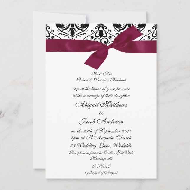 Black And White Damask With Burgundy Ribbon Invitation (Front)