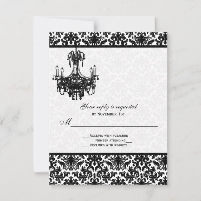 Black and White Damask with Chandelier Reply Card (Front)