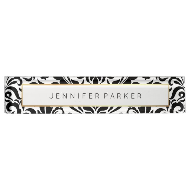 Black and White Damask with Faux Gold Accent Nameplate (Front)