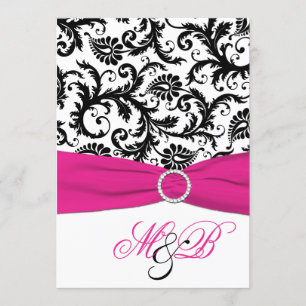 Black and White Damask with Fuchsia Faux Ribbon Invitation