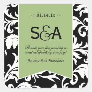 Black and White Damask with Green - Favour Sticker