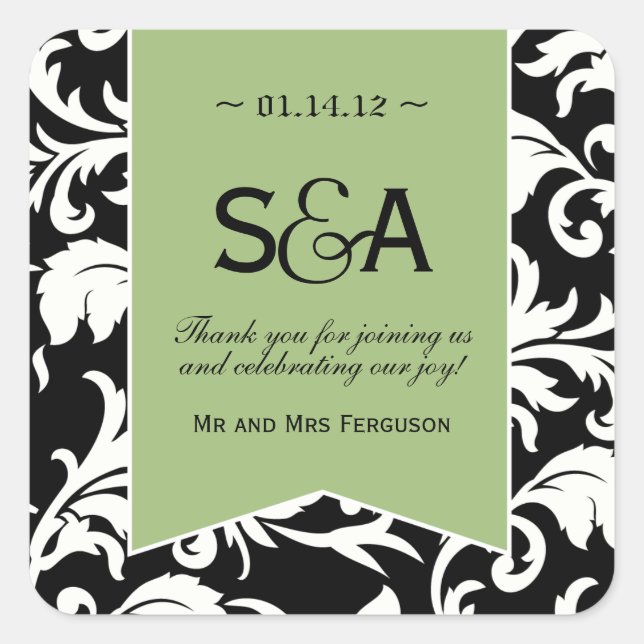 Black and White Damask with Green - Favour Sticker (Front)