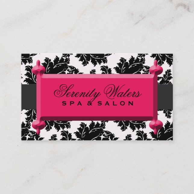 Black and White Damask with Red Magenta Name Plate Business Card (Front)