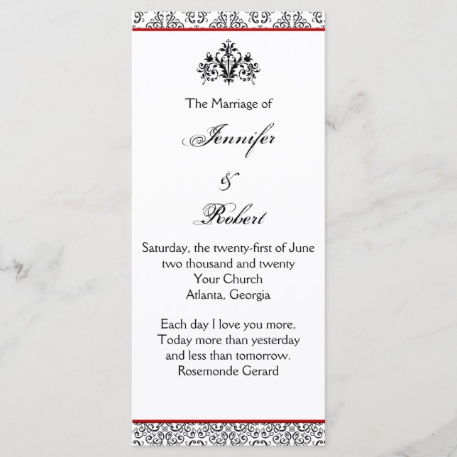 Black and White Damask with Red Wedding Program (Front)