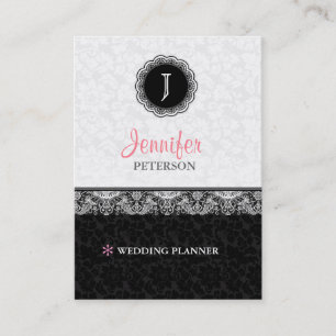 Black And White Damasks And Lace Monogram Business Card
