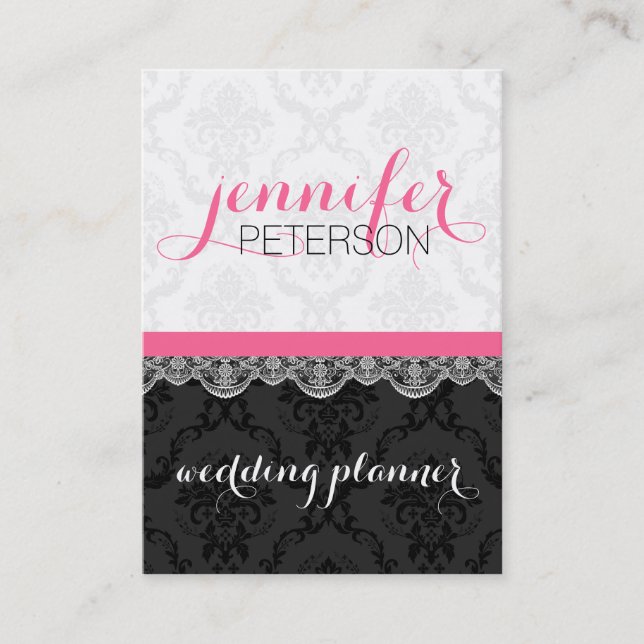 Black And White Damasks And Lace Wedding Planer Business Card (Front)