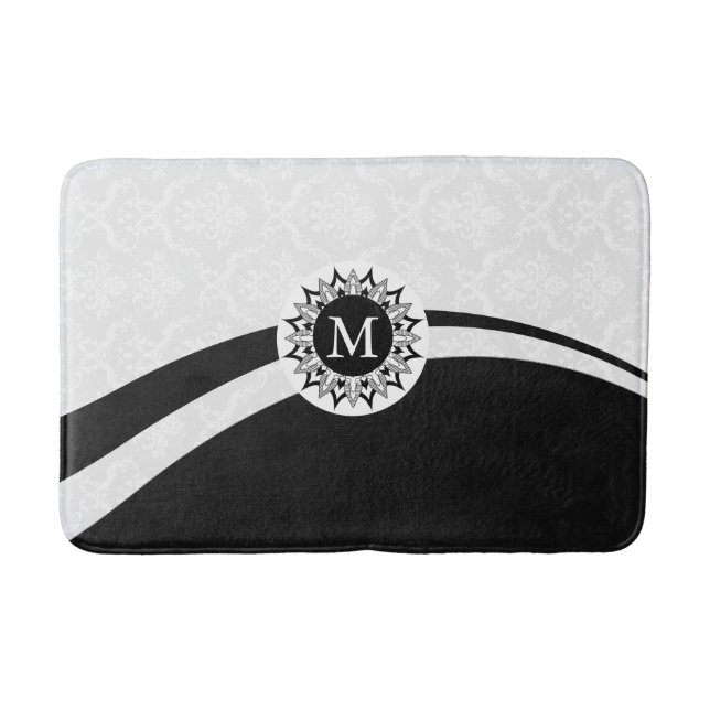 Black and white damasks & dynamic lines bath mat (Front)