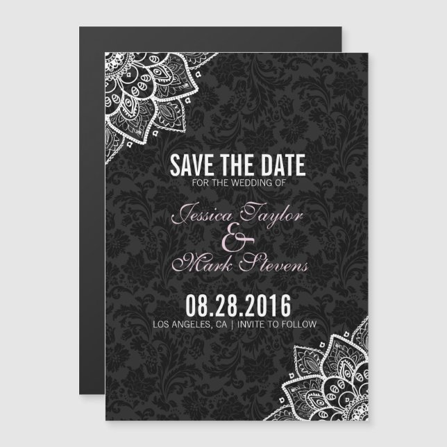 Black And White Damasks & Lace Magnetic Invitation (Front/Back)
