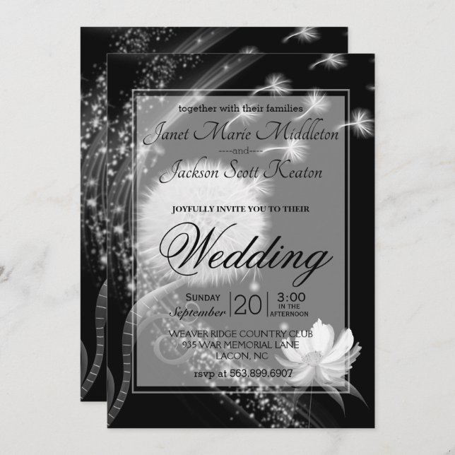 Black and White Dandelion Wedding Invitation (Front/Back)