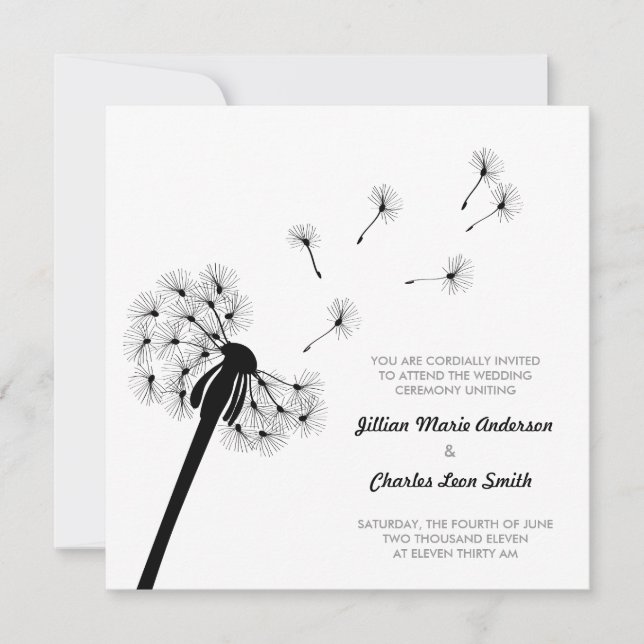Black and White Dandelion Wedding Invitation (Front)
