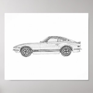 Black and White Datsun 240Z Illustration Value Poster
