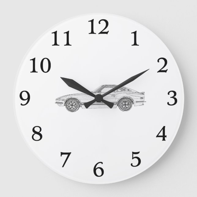 Black and White Datsun 240Z Pencil Style Drawing Large Clock (Front)