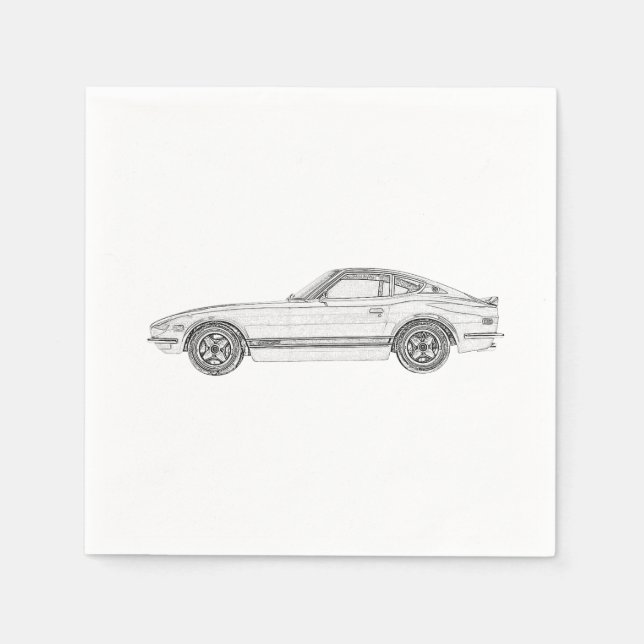 Black and White Datsun 240Z Pencil Style Drawing Napkin (Front)