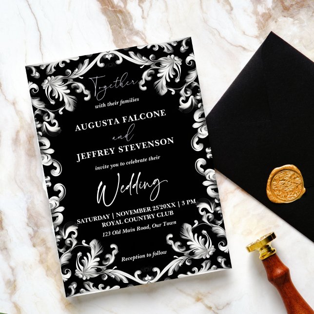 Black and white decor elegant all in one wedding invitation (Black and white vintage decor elegant all in one wedding template invitation modern typography)