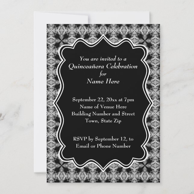 Black and White Decorative Pattern Quinceanera Invitation (Front)
