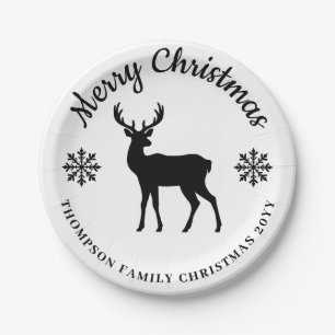 Black And White Deer And Snowflakes Holiday Party Paper Plate