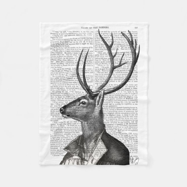 Black and White Deer Portrait Fleece Blanket (Front)