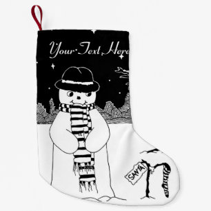 black and white design of cute smiling snowman small christmas stocking
